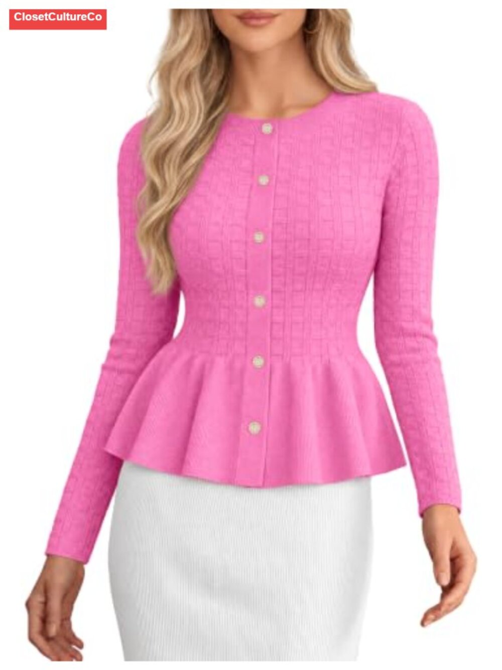 Women Textured Knit Peplum Cardigan Ruffle Hem Button Sweater Jacket